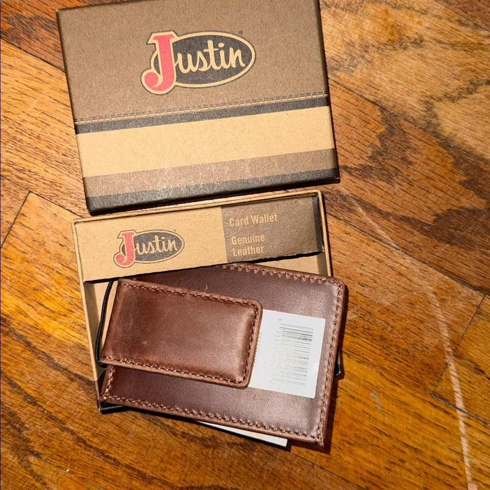 •JUSTIN BOOTS•NWT/NIB BROWN W/SERAPE LOGO LEATHER CARD HOLDER & MONEY CLIP(RFID)